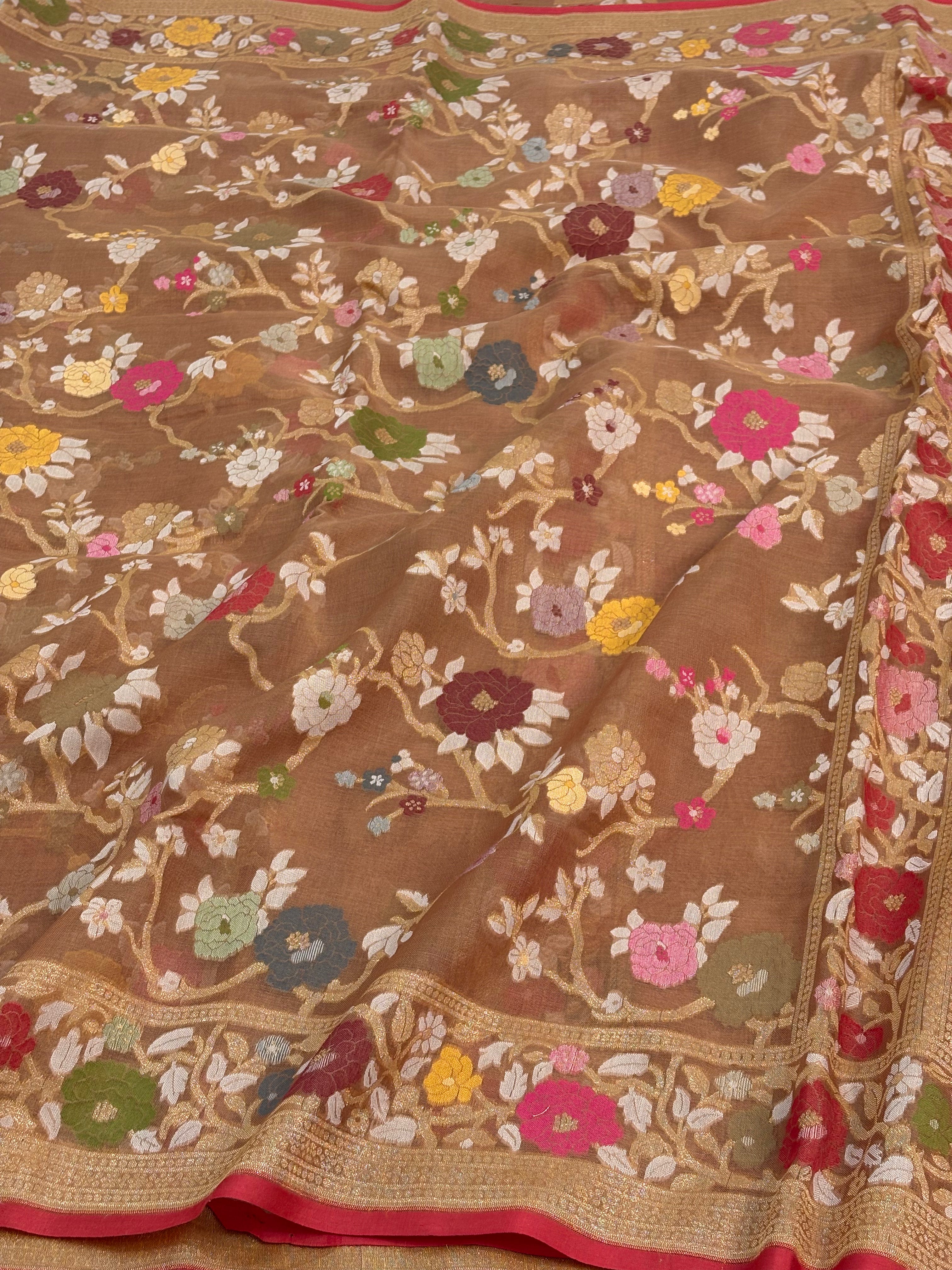 Brown Handwoven Pure Banarasi Organza Jamdani Saree