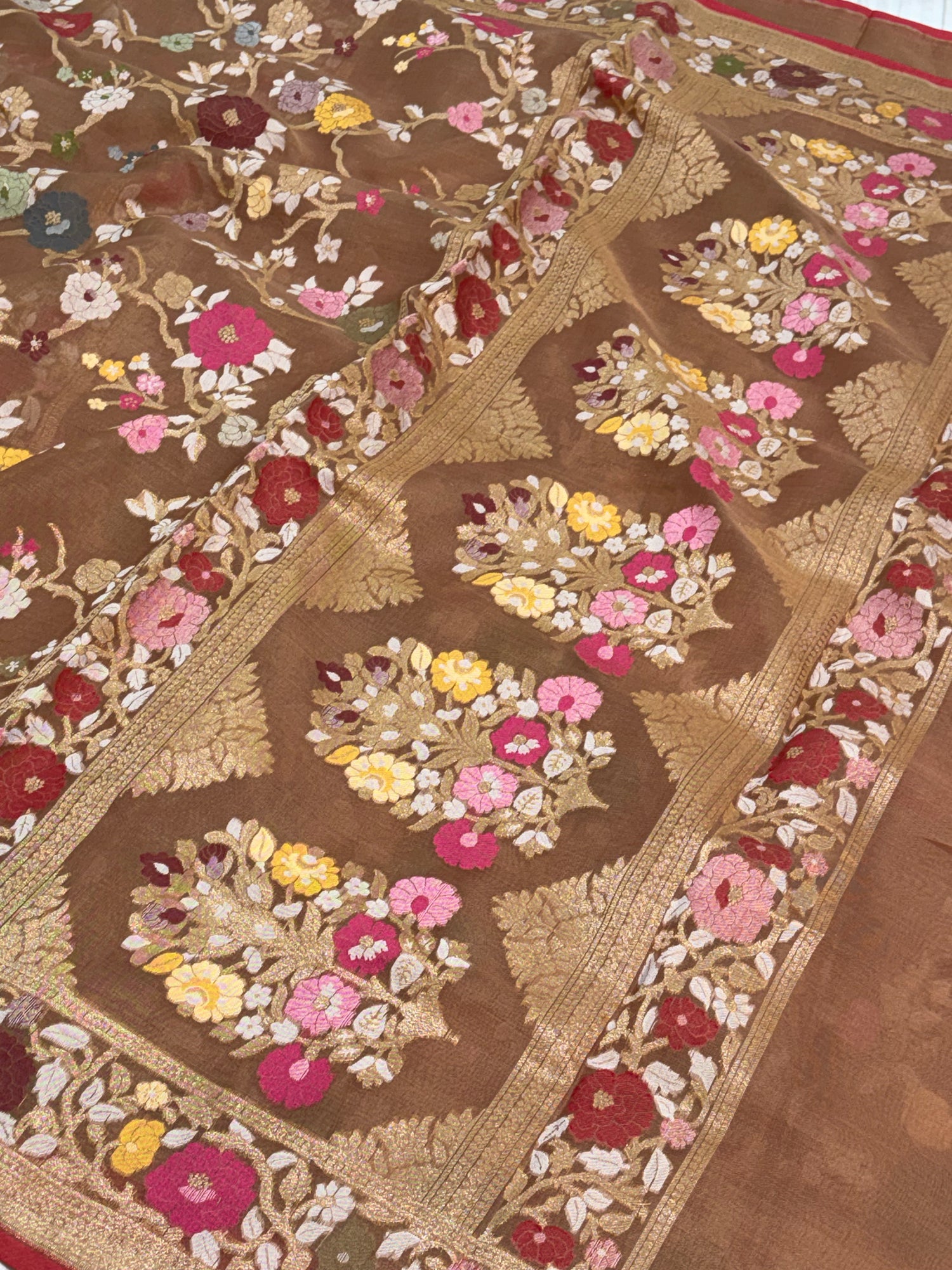 Brown Handwoven Pure Banarasi Organza Jamdani Saree