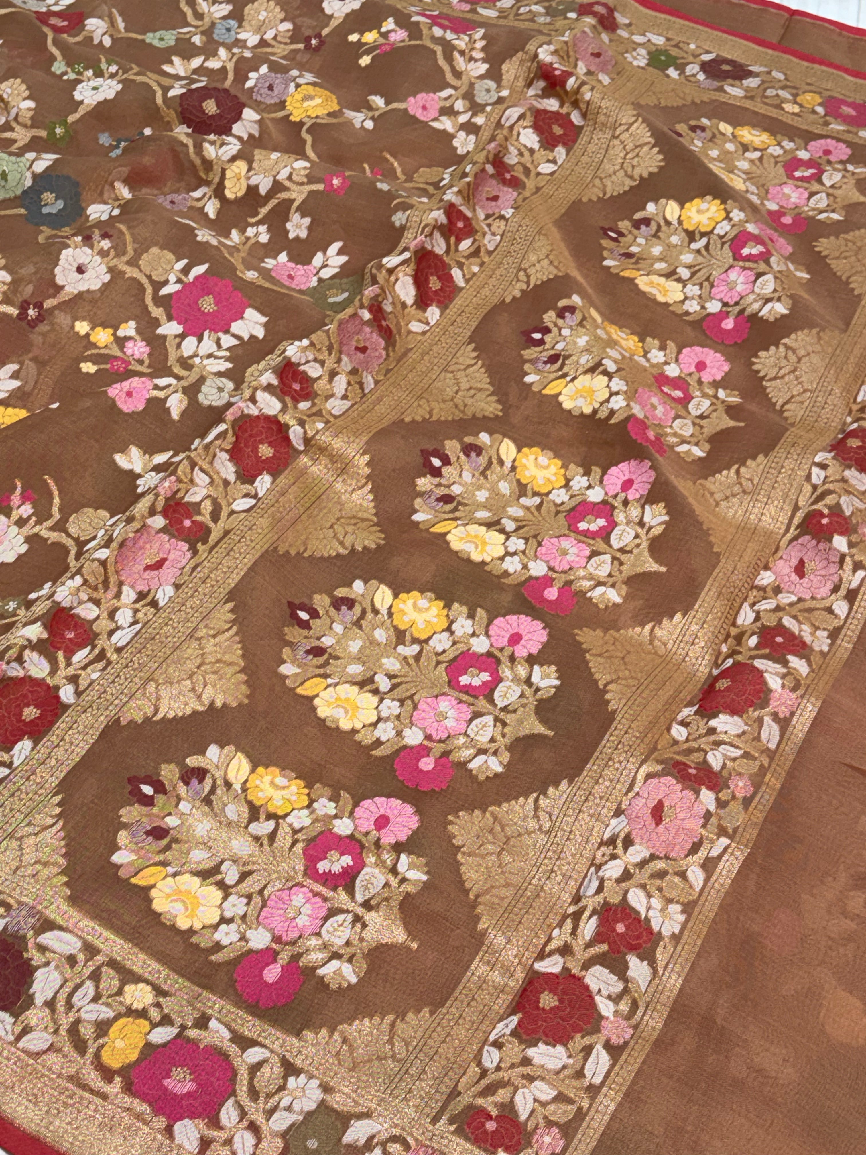 Brown Handwoven Pure Banarasi Organza Jamdani Saree