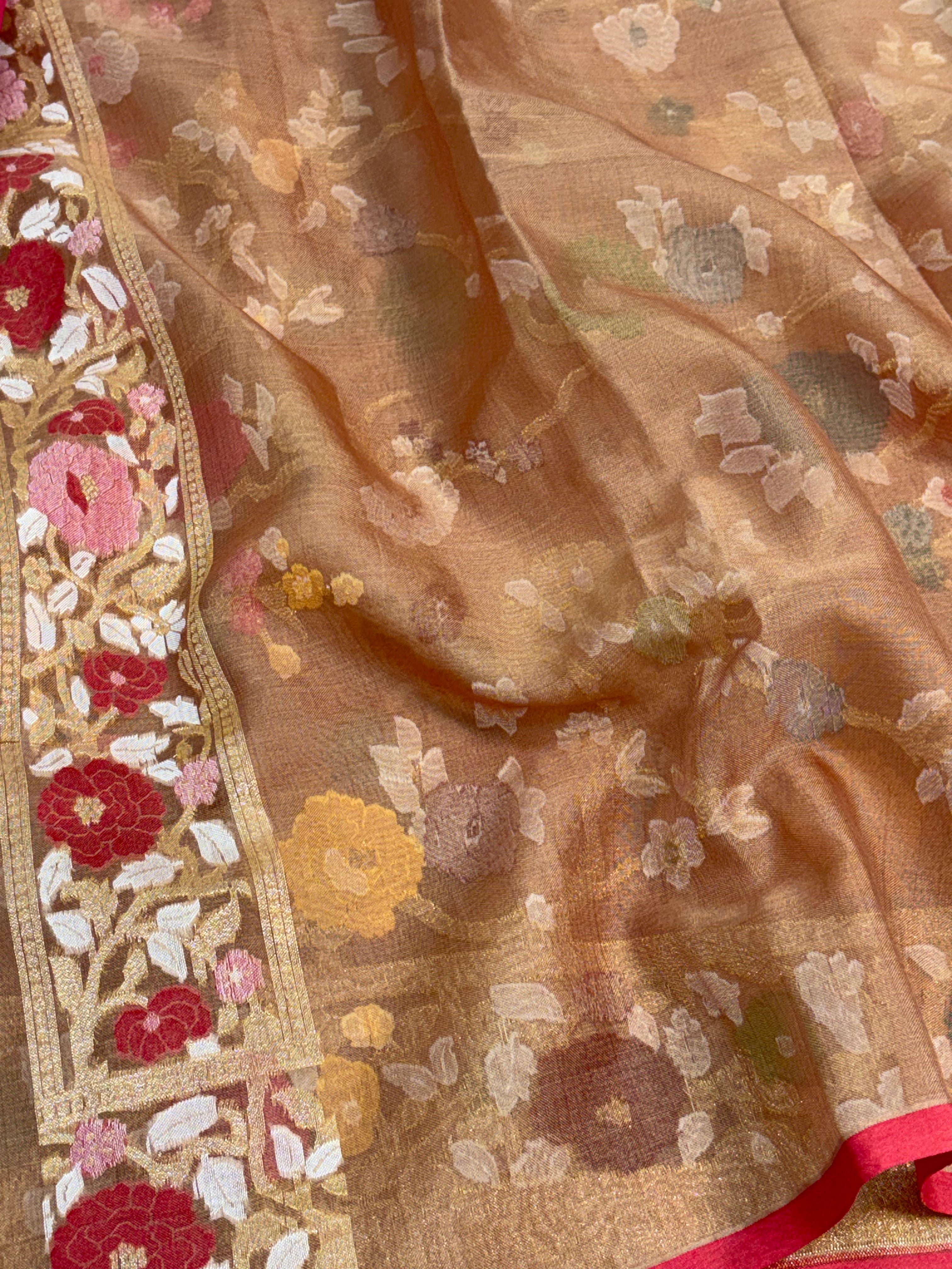 Brown Handwoven Pure Banarasi Organza Jamdani Saree