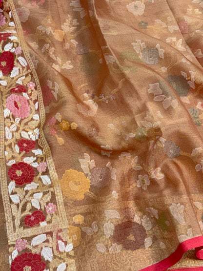 Brown Handwoven Pure Banarasi Organza Jamdani Saree
