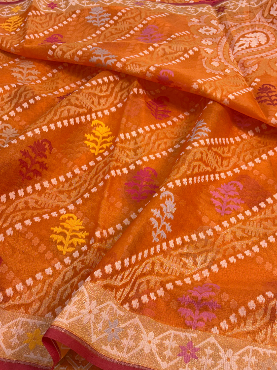 Orange Handwoven Pure Banarasi Organza Jamdani Saree