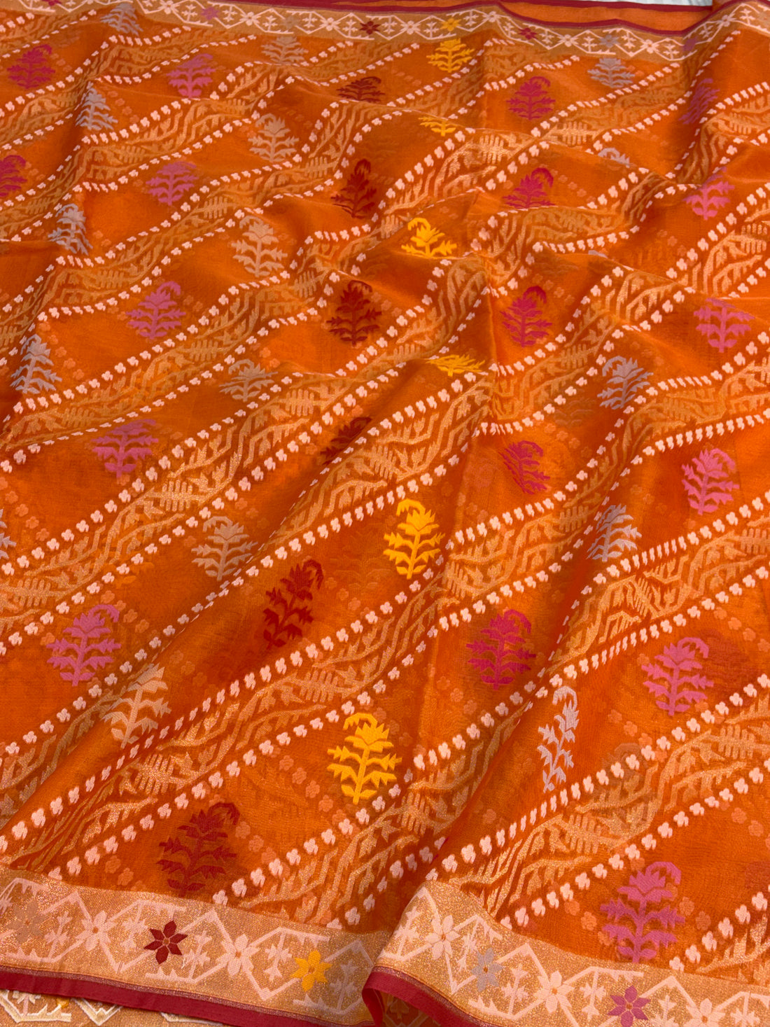 Orange Handwoven Pure Banarasi Organza Jamdani Saree