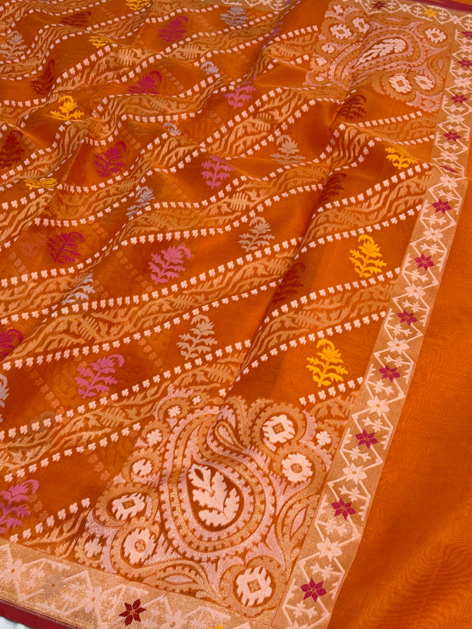 Orange Handwoven Pure Banarasi Organza Jamdani Saree