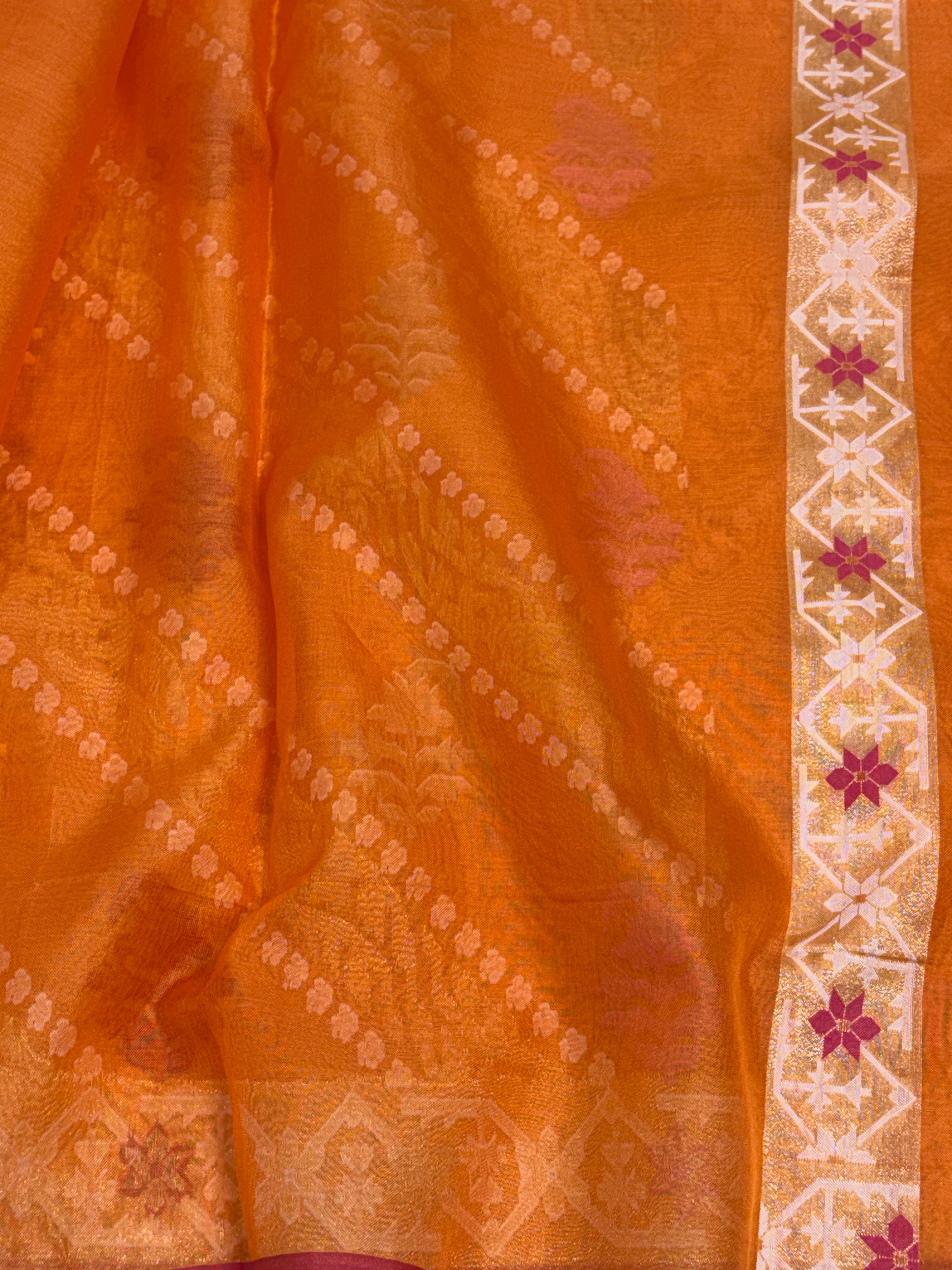 Orange Handwoven Pure Banarasi Organza Jamdani Saree