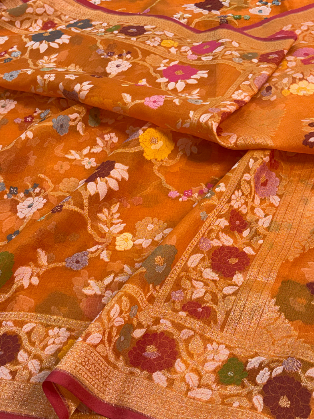 Orange Handwoven Pure Banarasi Organza Jamdani Saree