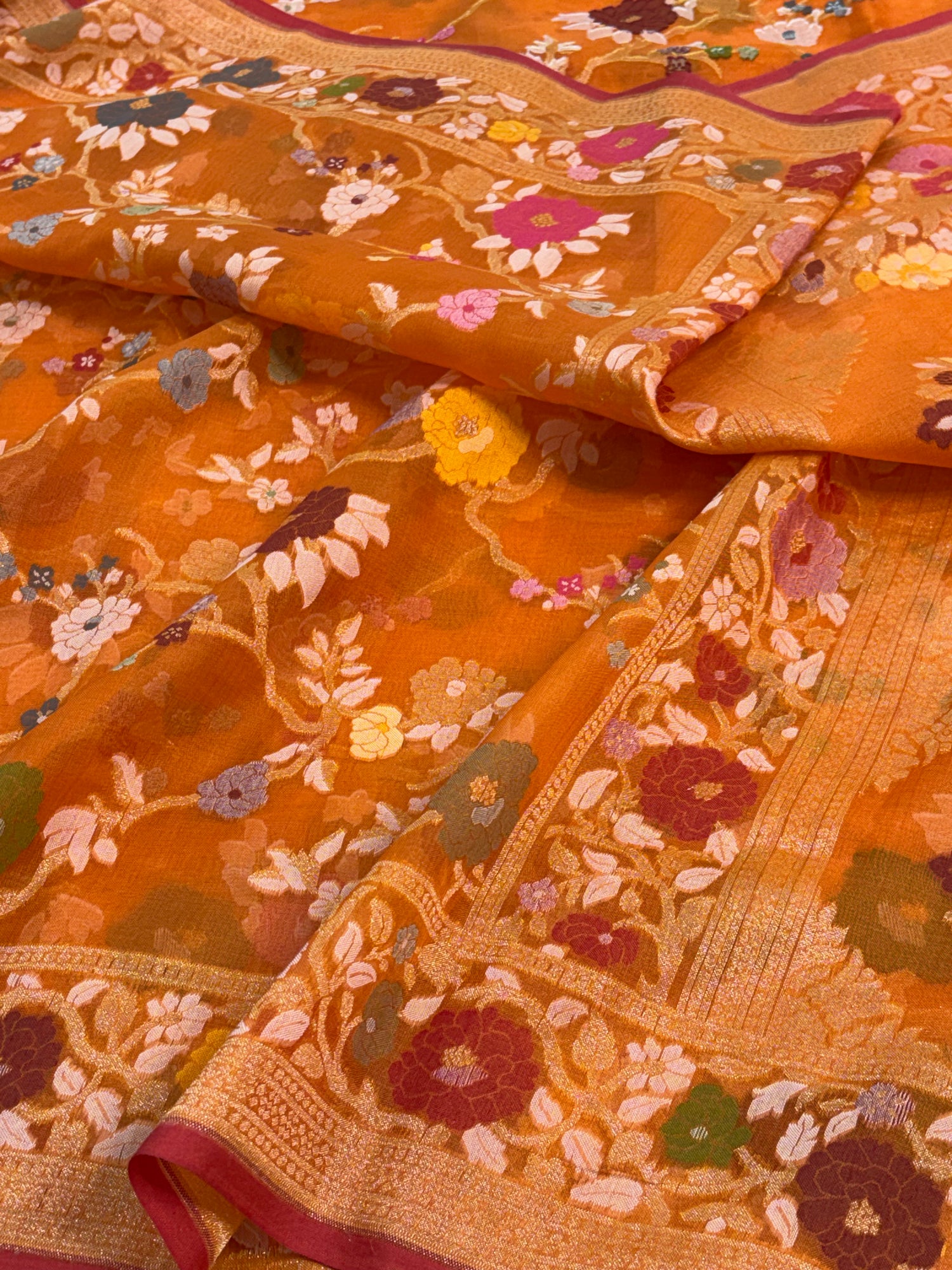 Orange Handwoven Pure Banarasi Organza Jamdani Saree
