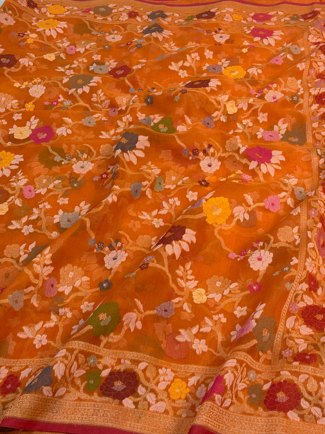 Orange Handwoven Pure Banarasi Organza Jamdani Saree