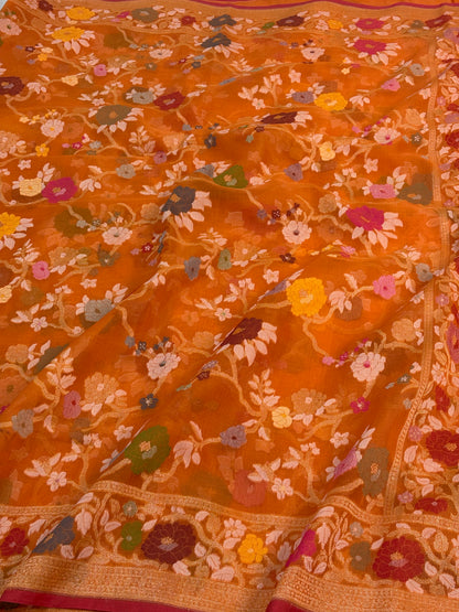 Orange Handwoven Pure Banarasi Organza Jamdani Saree