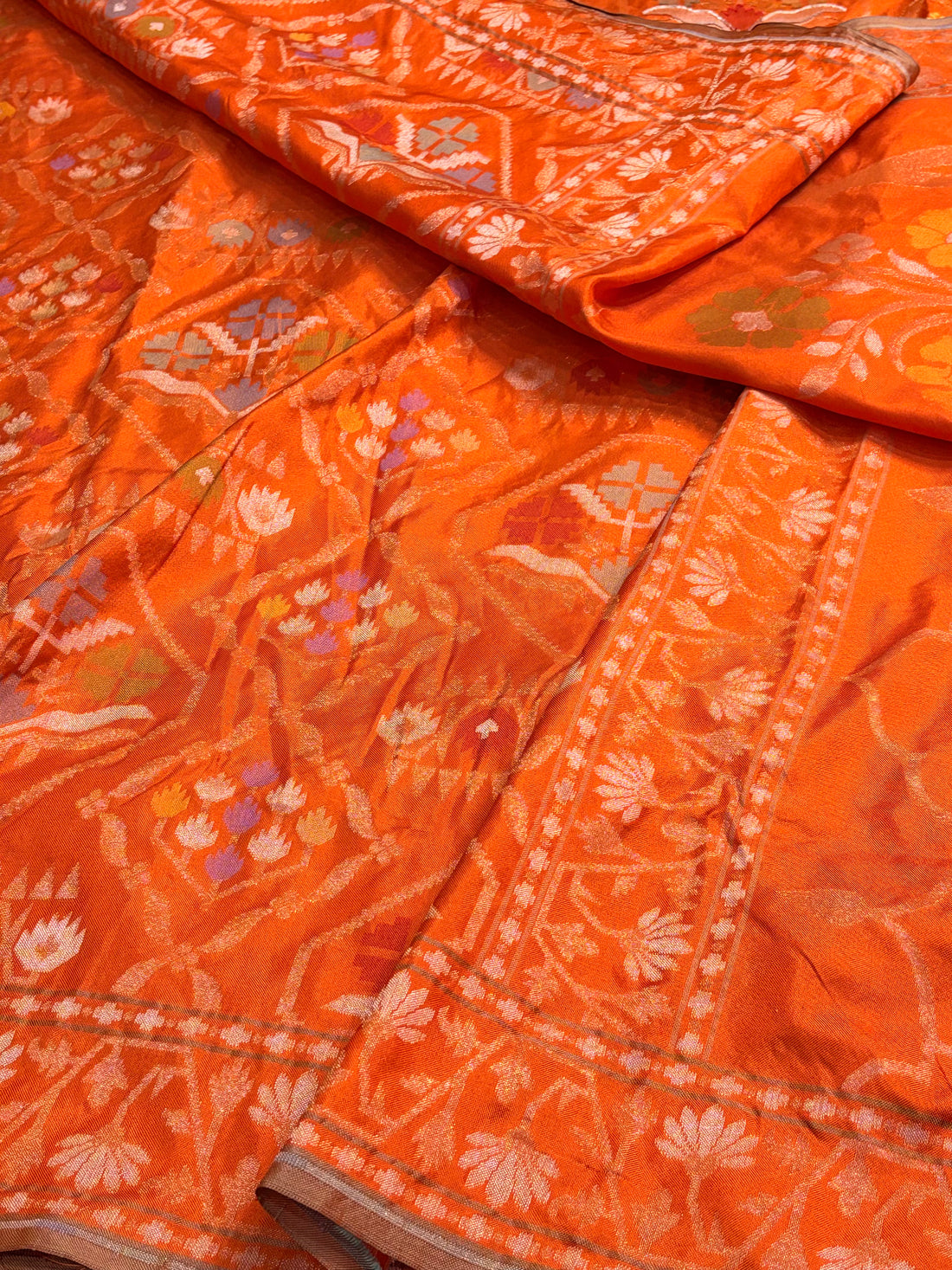Orange Handwoven Pure Banarasi Silk Jamdani Saree