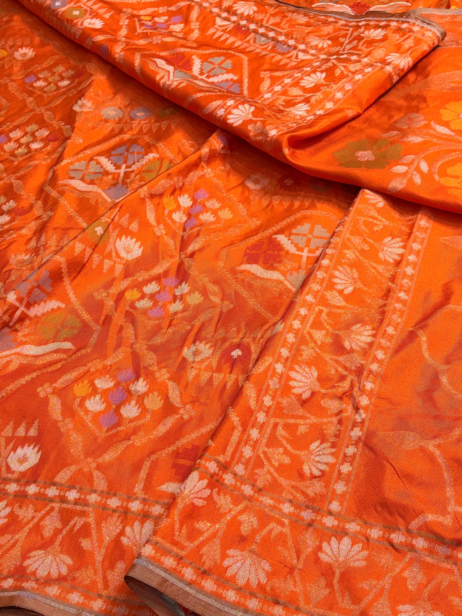 Orange Handwoven Pure Banarasi Silk Jamdani Saree