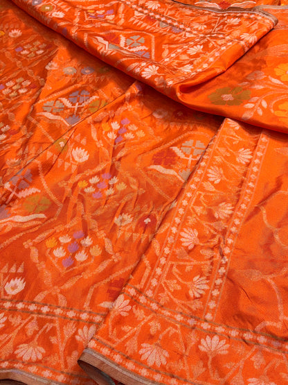 Orange Handwoven Pure Banarasi Silk Jamdani Saree