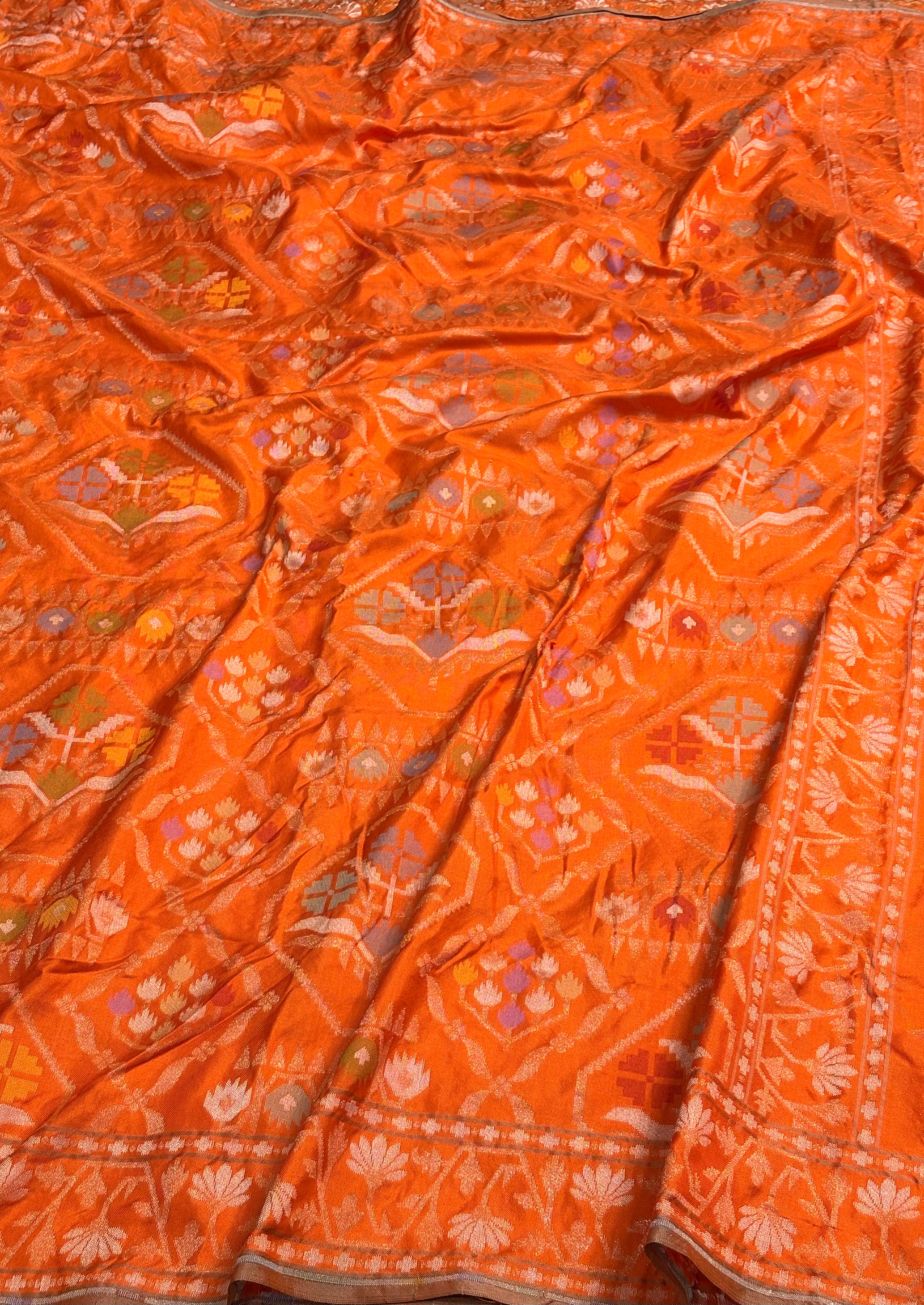 Orange Handwoven Pure Banarasi Silk Jamdani Saree