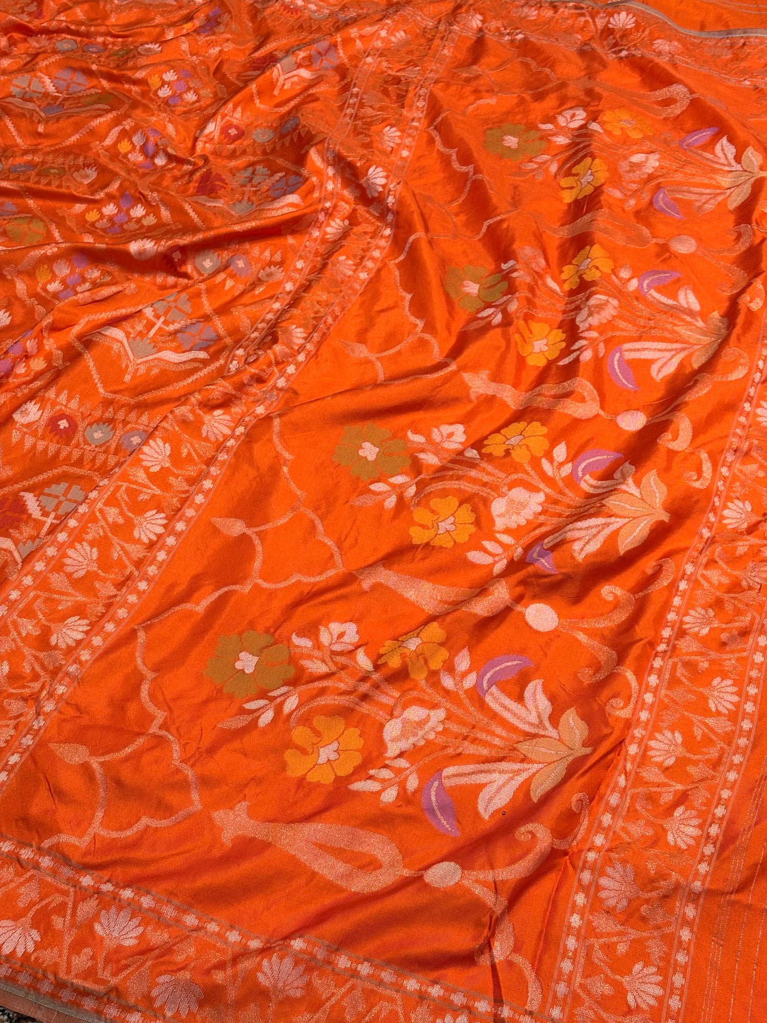 Orange Handwoven Pure Banarasi Silk Jamdani Saree