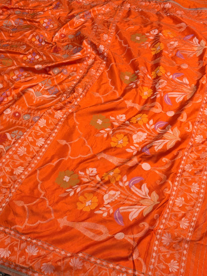Orange Handwoven Pure Banarasi Silk Jamdani Saree