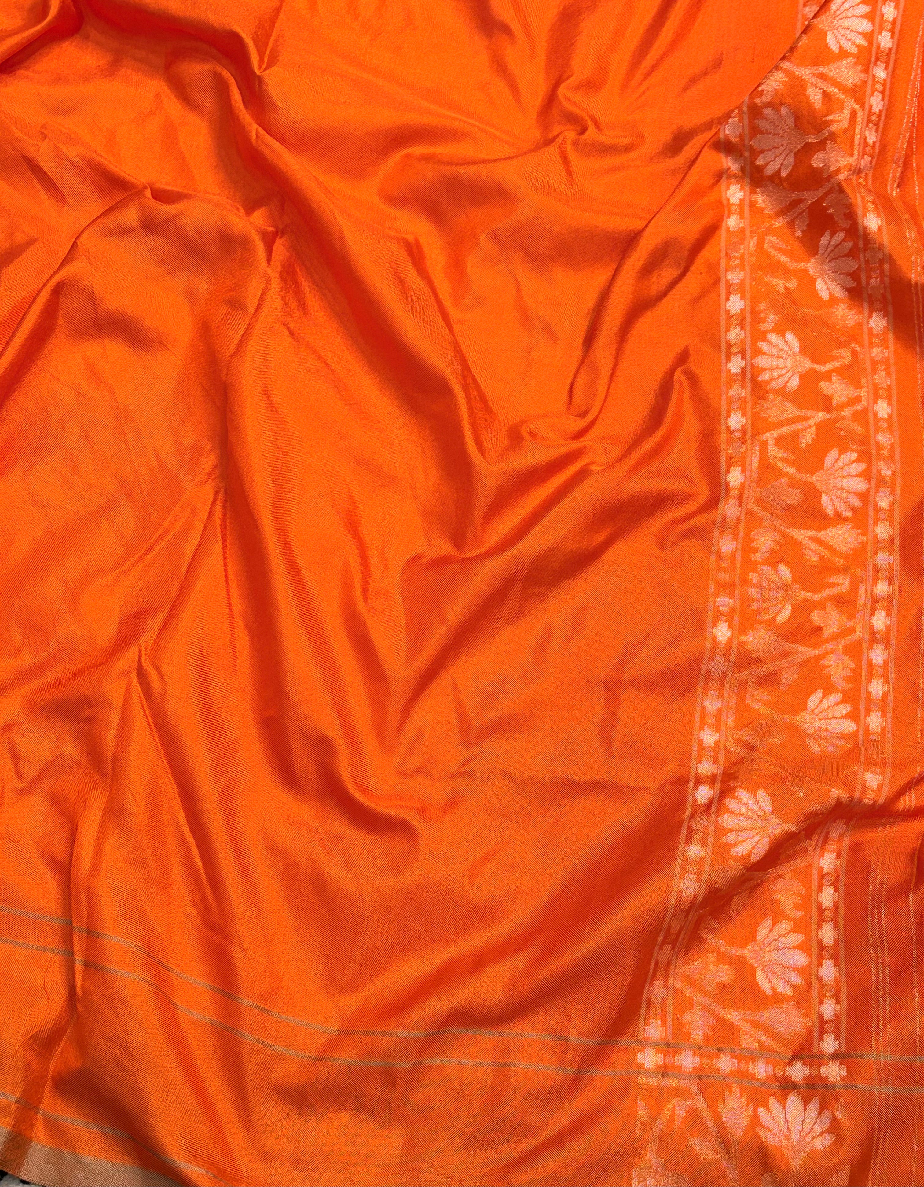 Orange Handwoven Pure Banarasi Silk Jamdani Saree