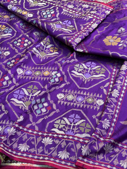 Purple Handwoven Pure Banarasi Silk Jamdani Saree