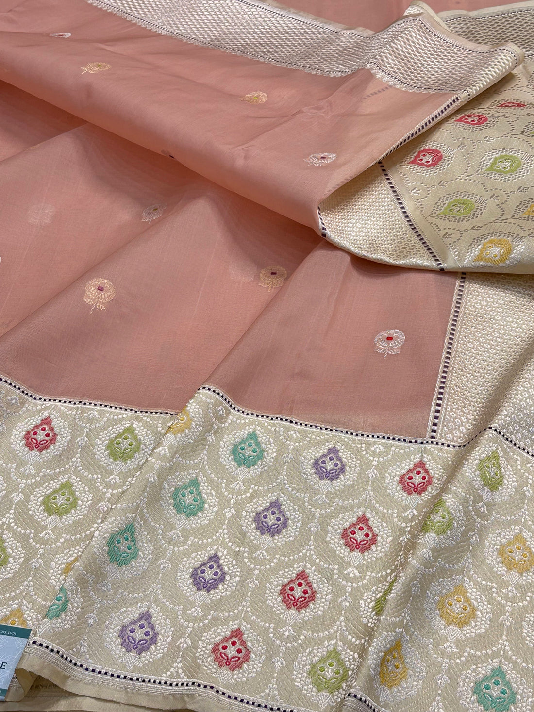 Light Peach Handwoven Pure Banarasi Organza Silk Saree with Kadiyal Border