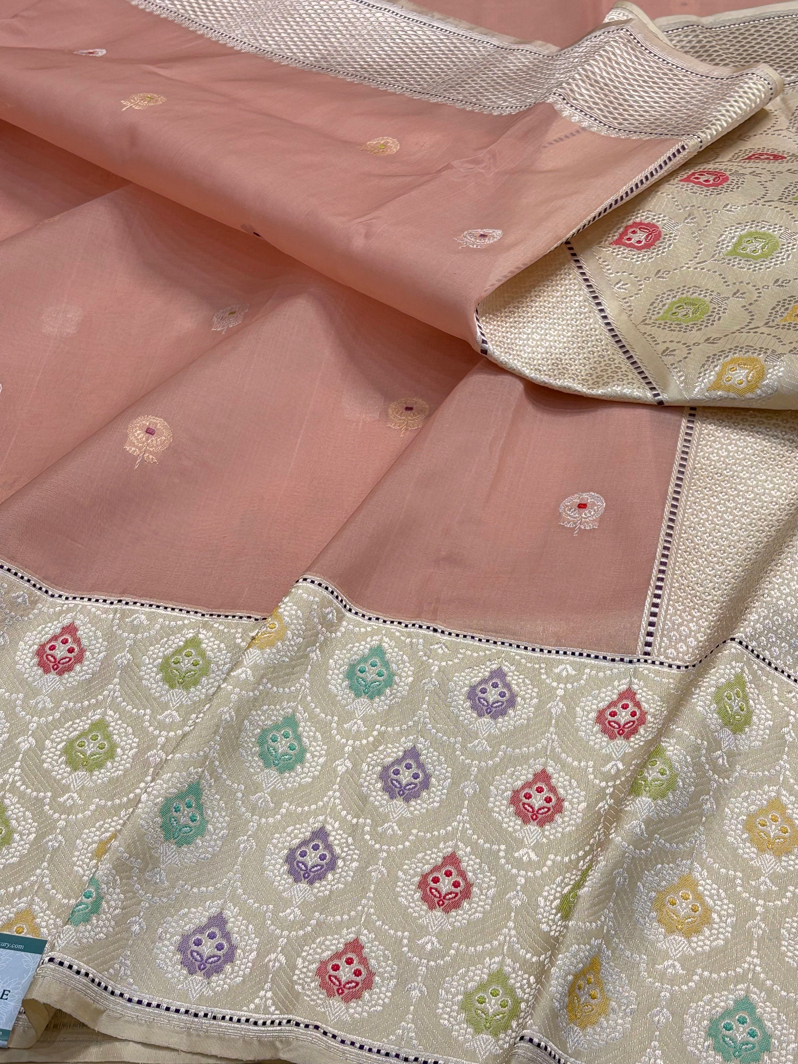 Light Peach Handwoven Pure Banarasi Organza Silk Saree with Kadiyal Border