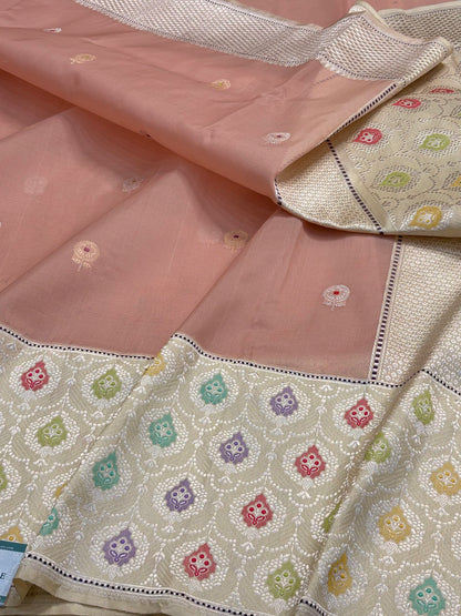 Light Peach Handwoven Pure Banarasi Organza Silk Saree with Kadiyal Border