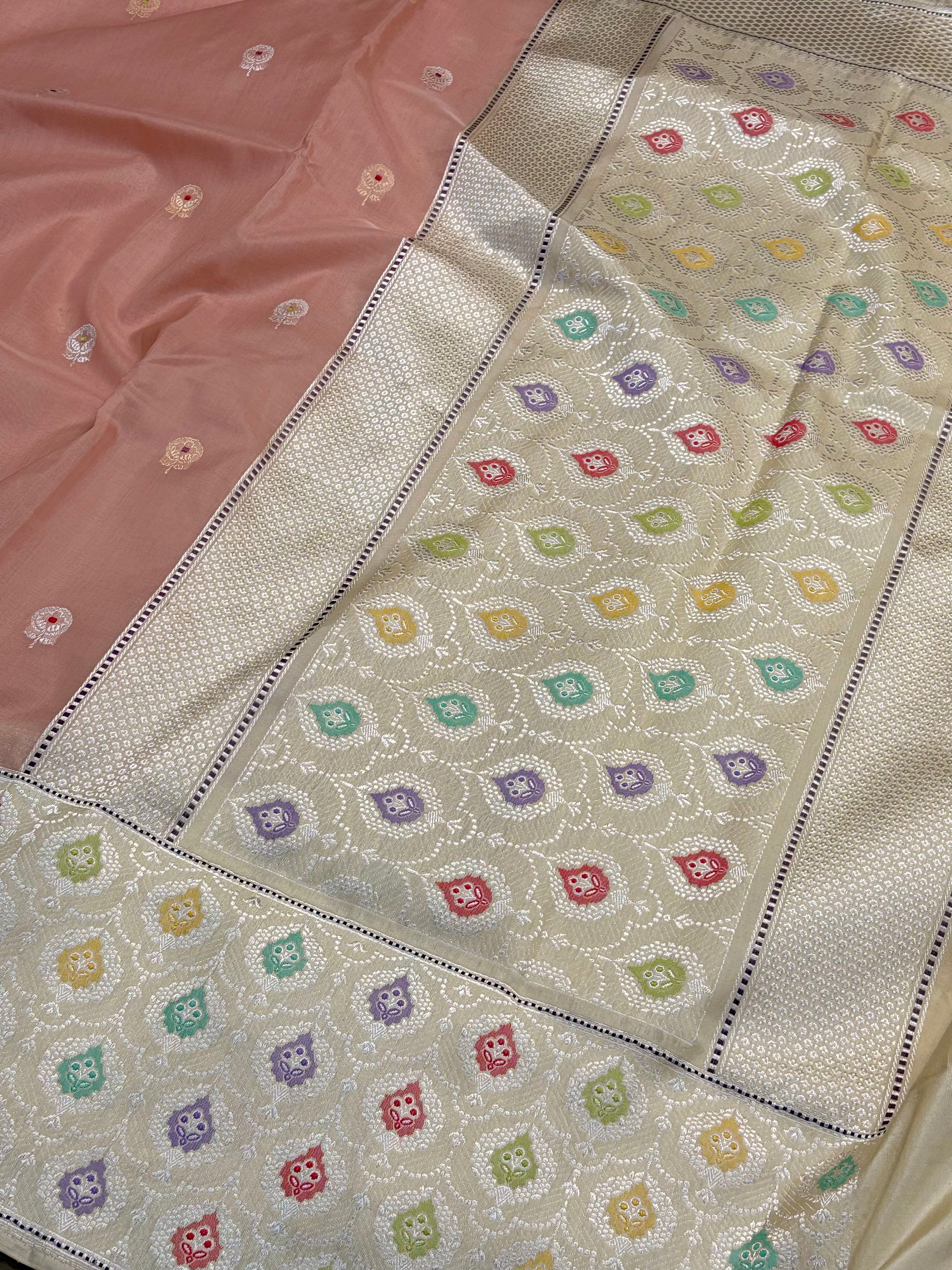 Light Peach Handwoven Pure Banarasi Organza Silk Saree with Kadiyal Border