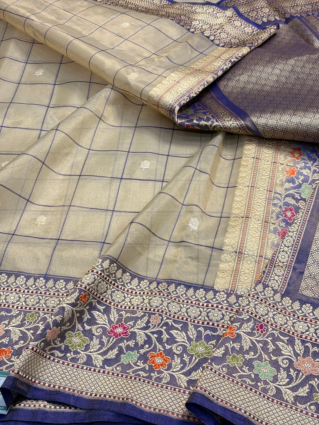 Cream Handwoven Pure Banarasi Tissue Silk Saree with Kadiyal Border