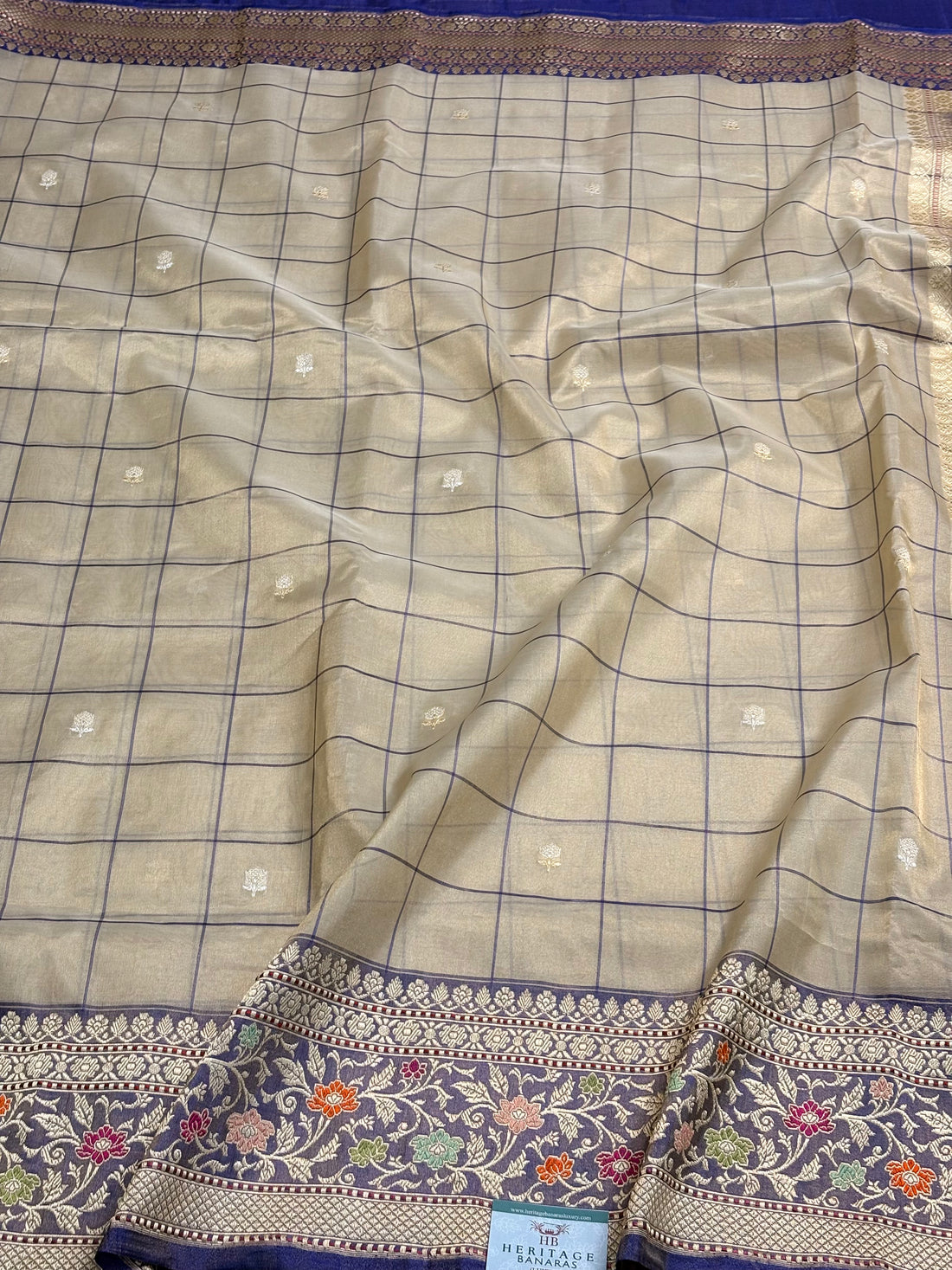 Cream Handwoven Pure Banarasi Tissue Silk Saree with Kadiyal Border