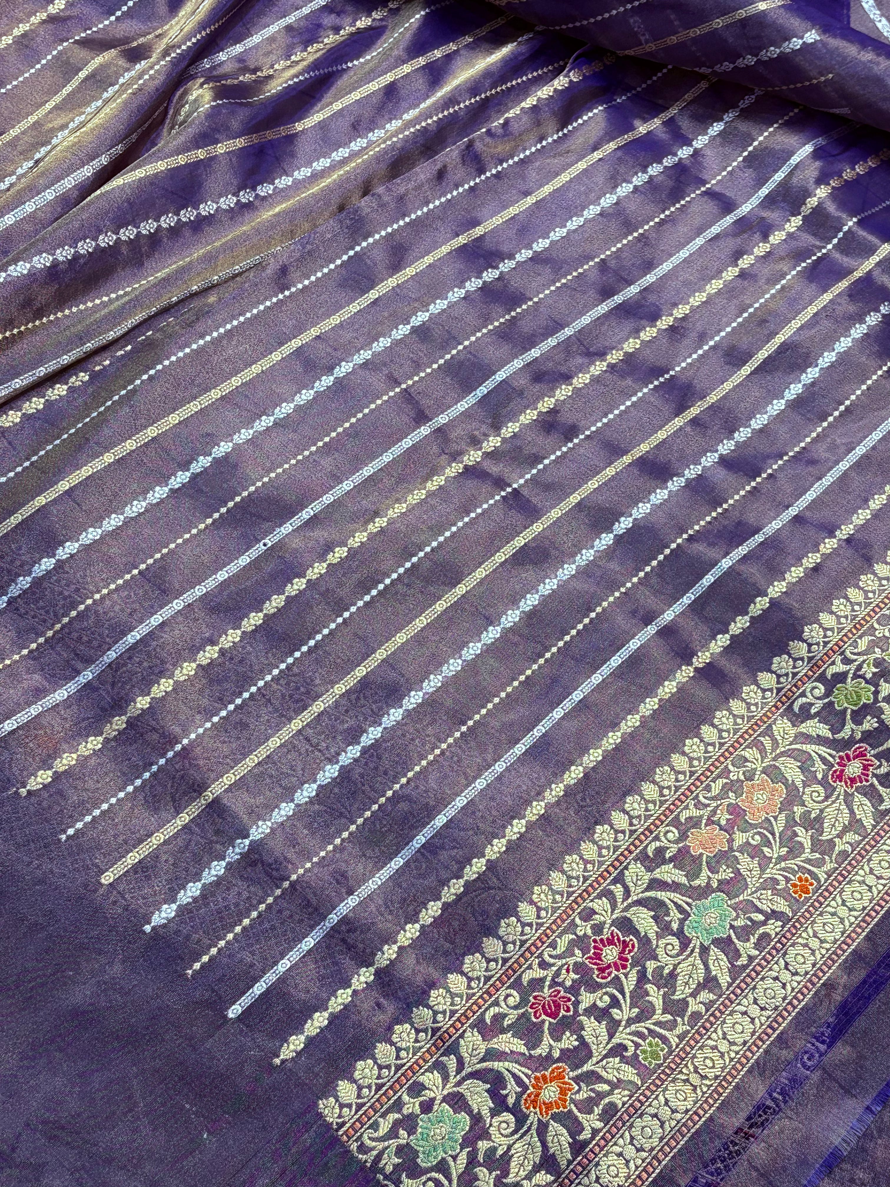 Cream Handwoven Pure Banarasi Tissue Silk Saree with Kadiyal Border