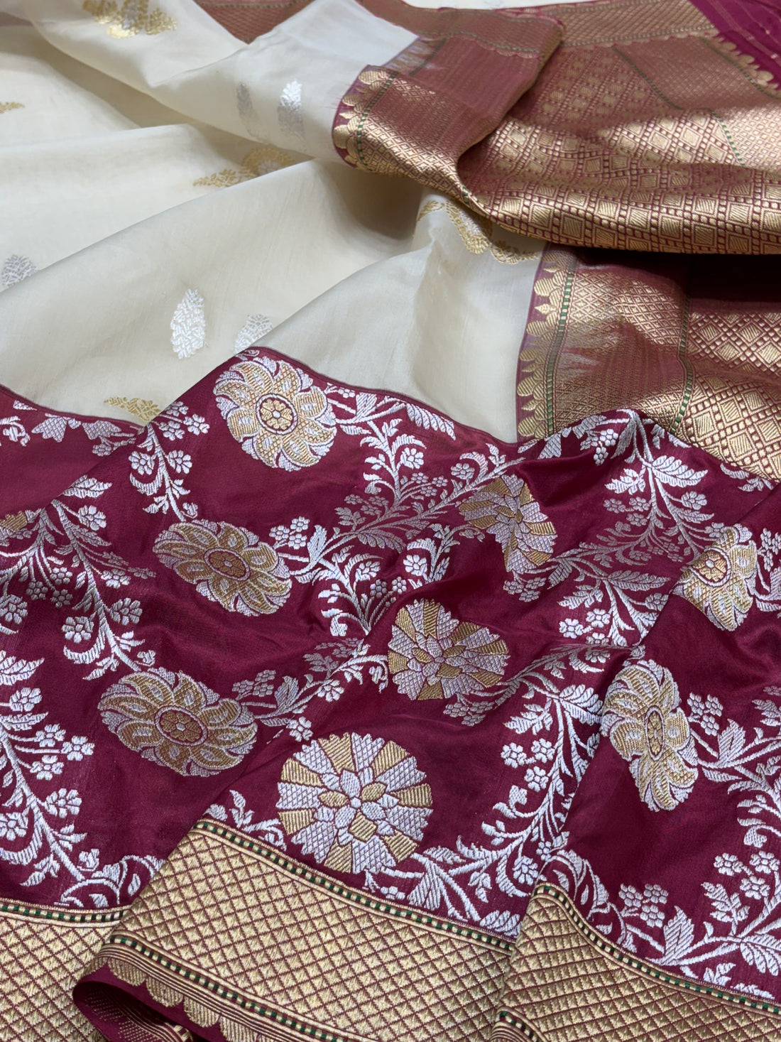 Ivory Banarasi Kora Silk Handwoven Saree