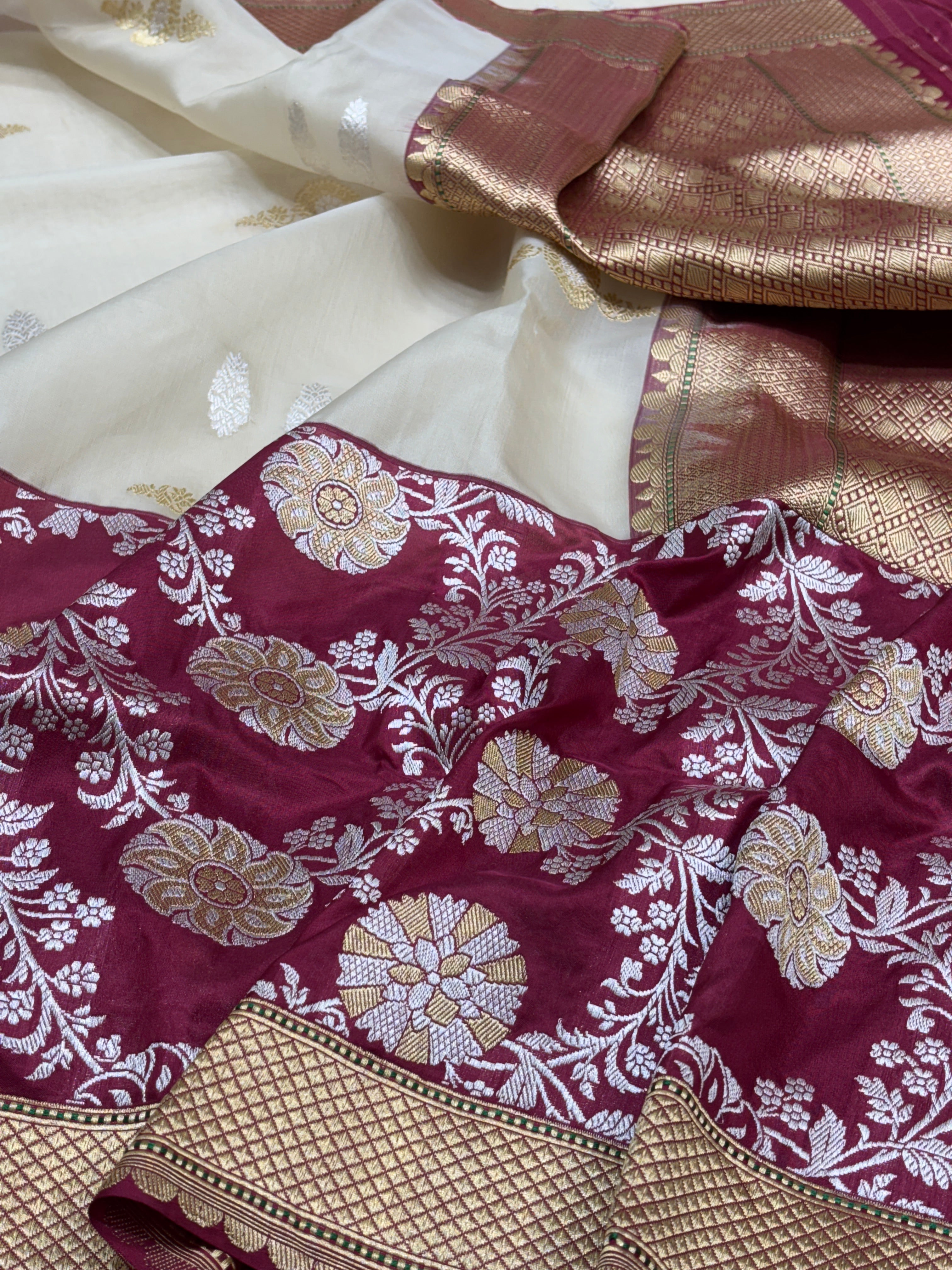 Ivory Banarasi Kora Silk Handwoven Saree
