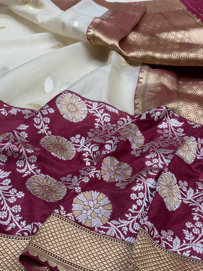 Ivory Banarasi Kora Silk Handwoven Saree