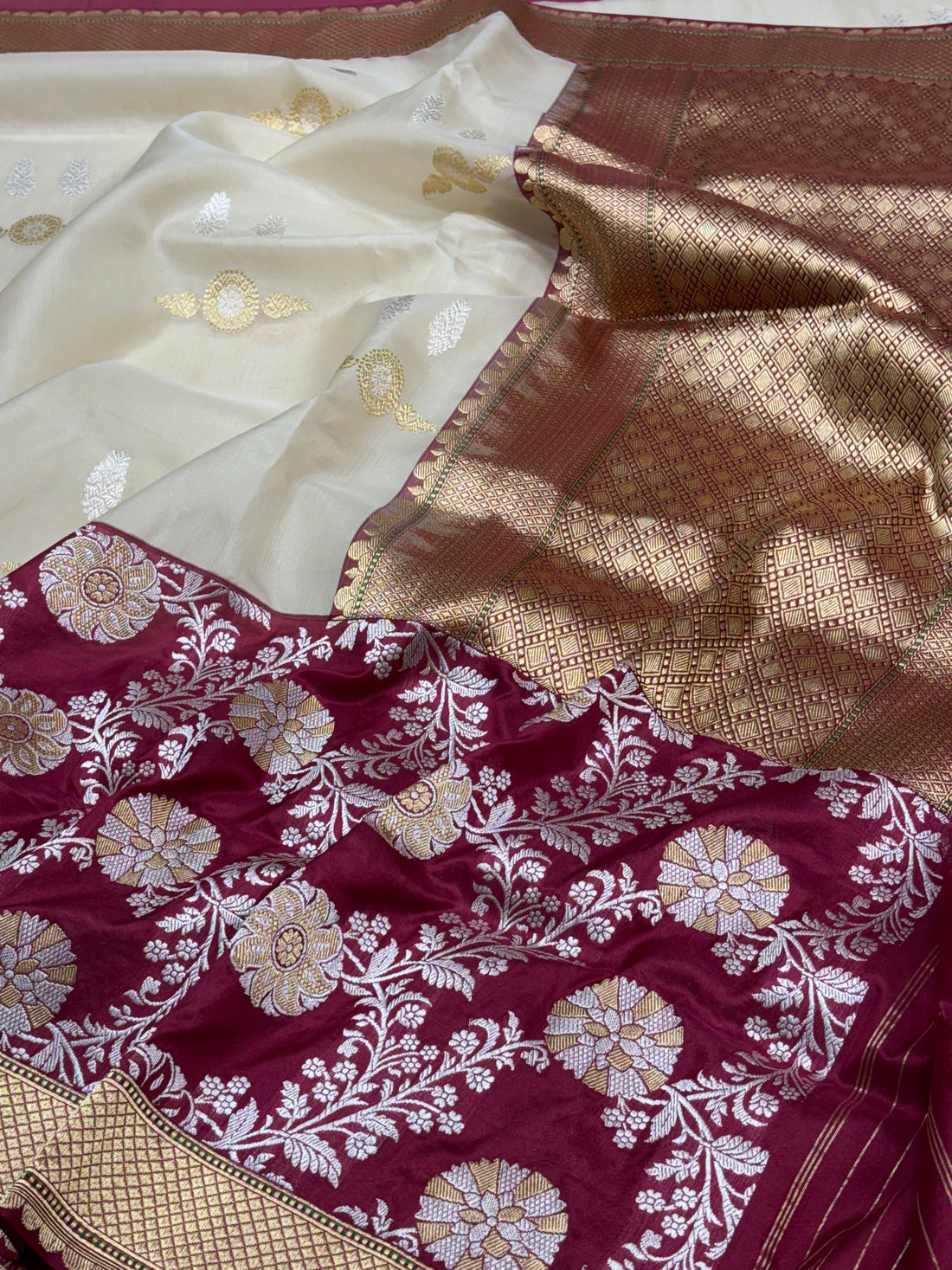 Ivory Banarasi Kora Silk Handwoven Saree
