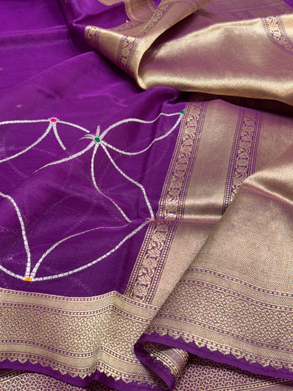 Purple Banarasi Kora Silk Handwoven Saree