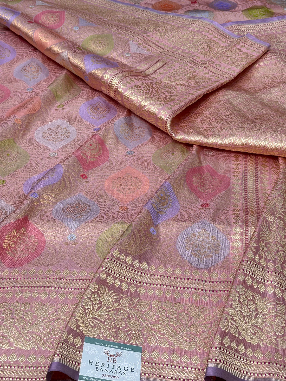 Peach Handwoven Pure Banarasi Rangkat Silk Saree
