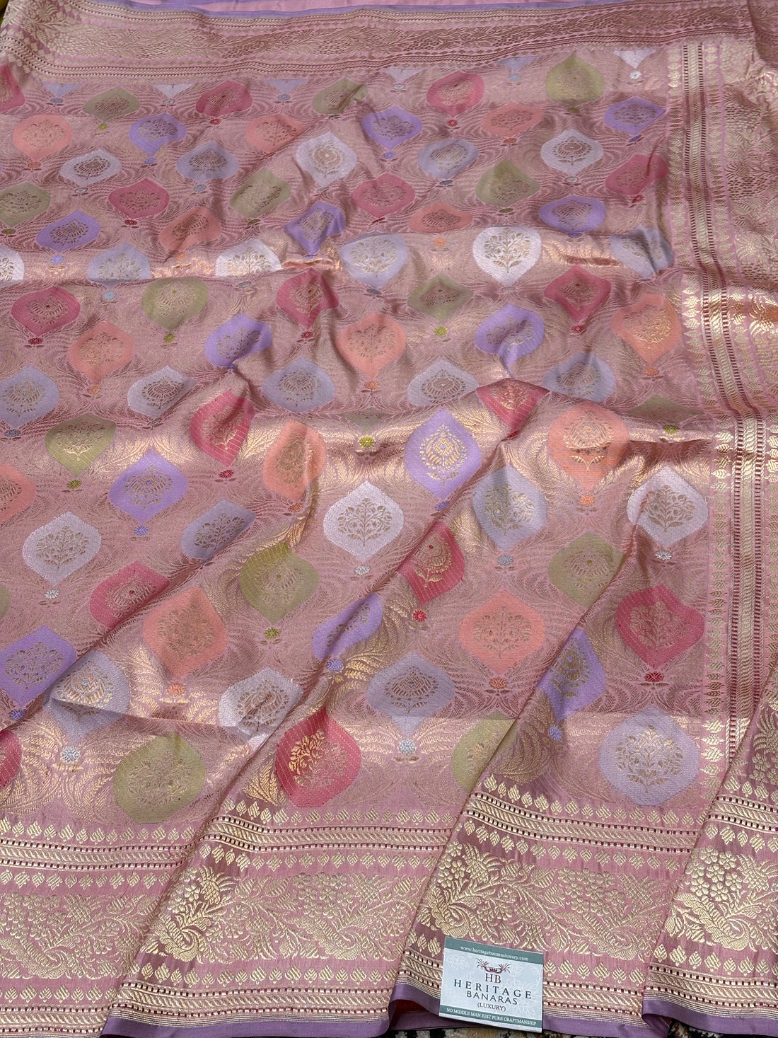 Peach Handwoven Pure Banarasi Rangkat Silk Saree