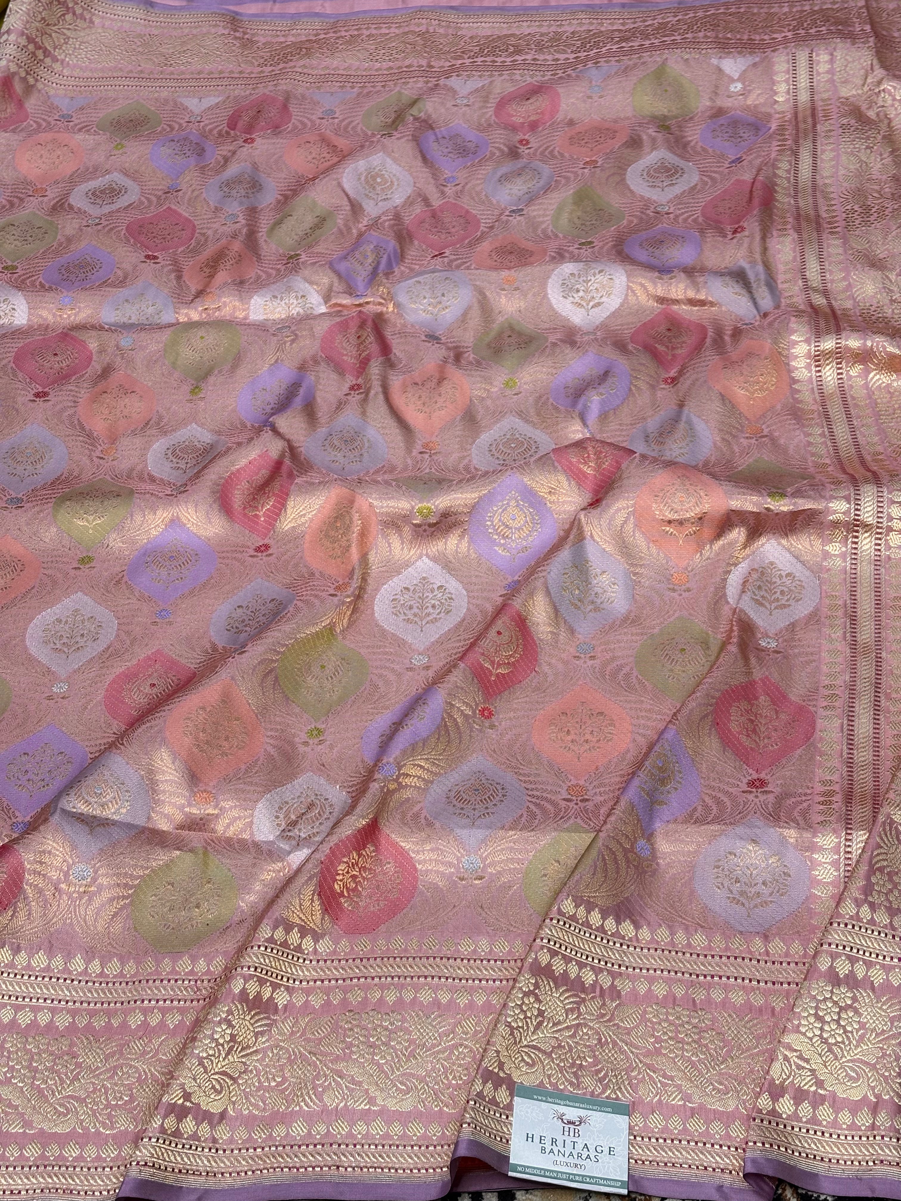 Peach Handwoven Pure Banarasi Rangkat Silk Saree