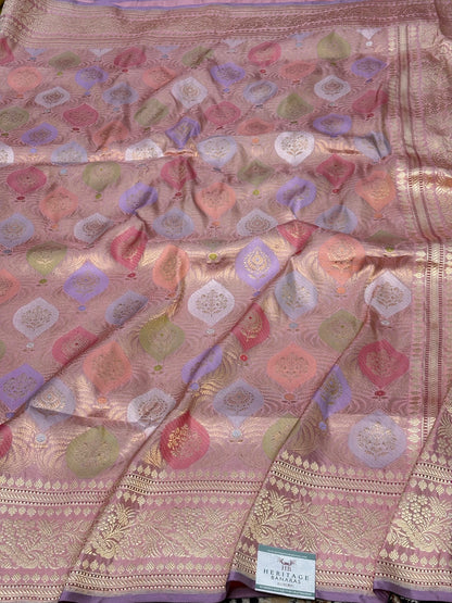 Peach Handwoven Pure Banarasi Rangkat Silk Saree