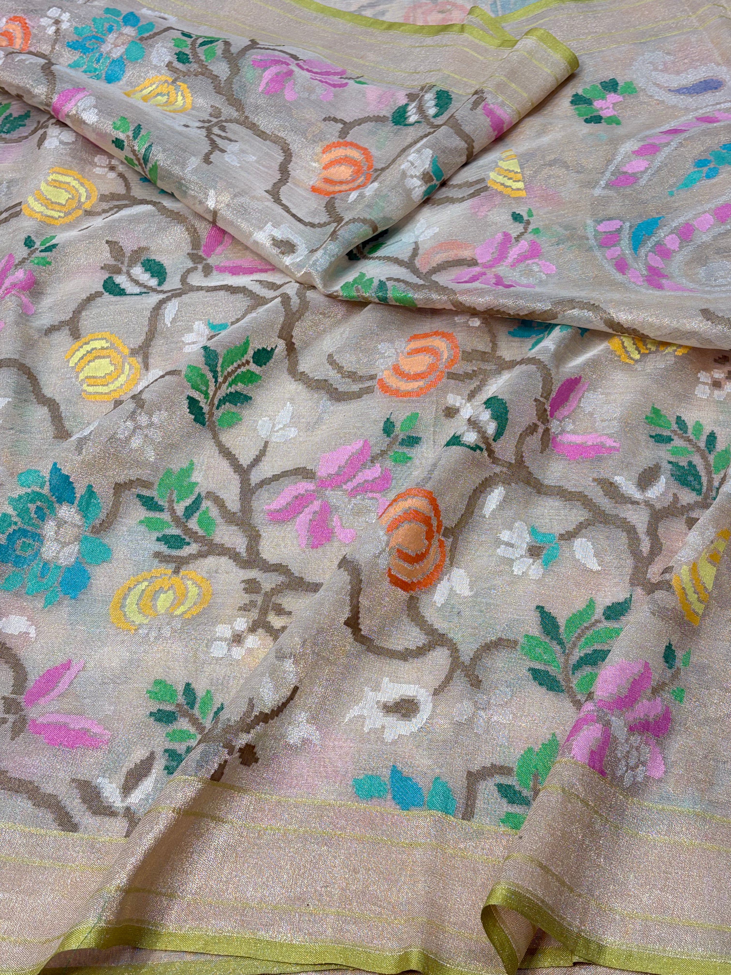 Ivory Handwoven Real Zari Exclusive Pure Banarasi Tissue Jamdani Saree