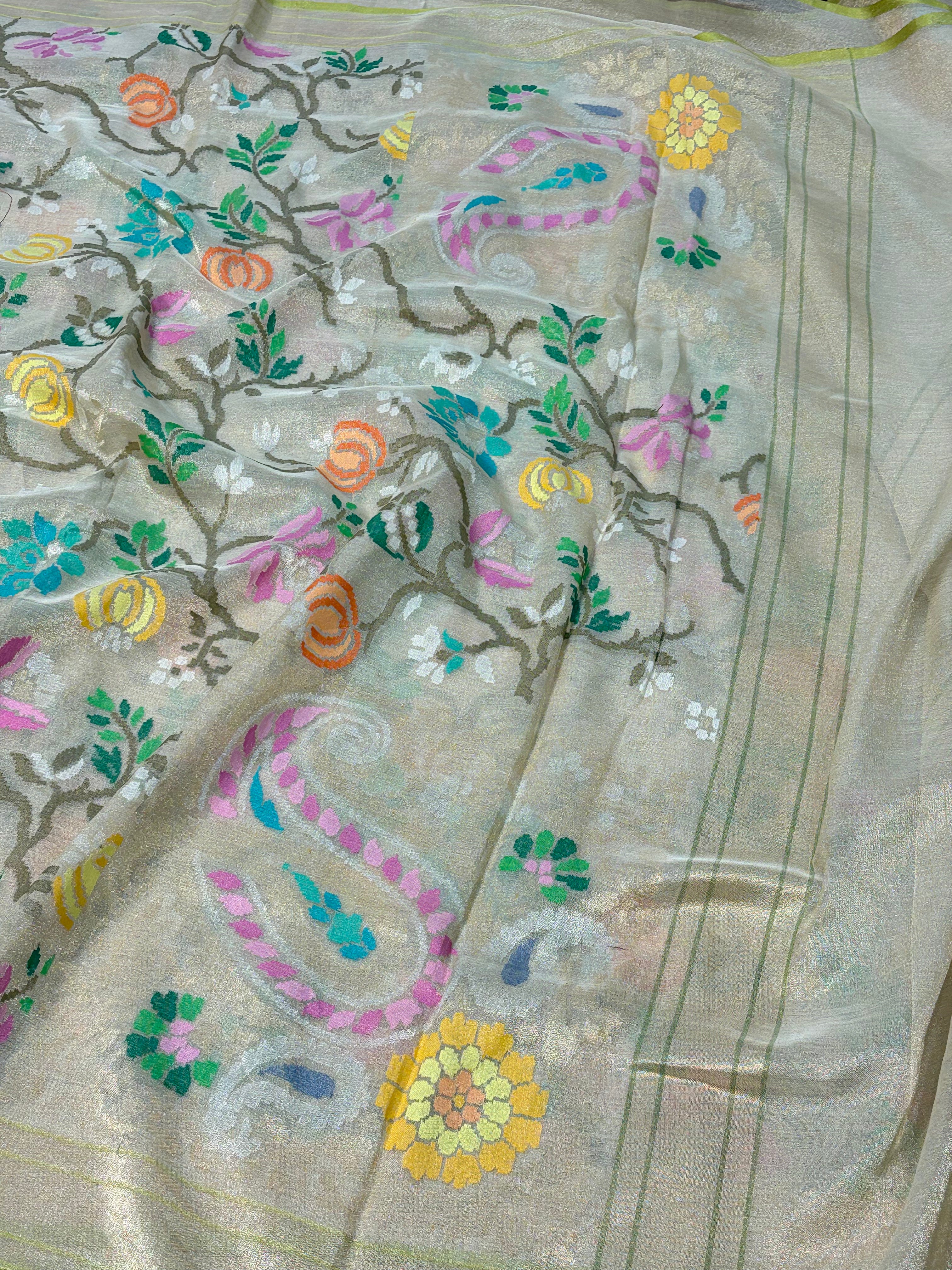Ivory Handwoven Real Zari Exclusive Pure Banarasi Tissue Jamdani Saree