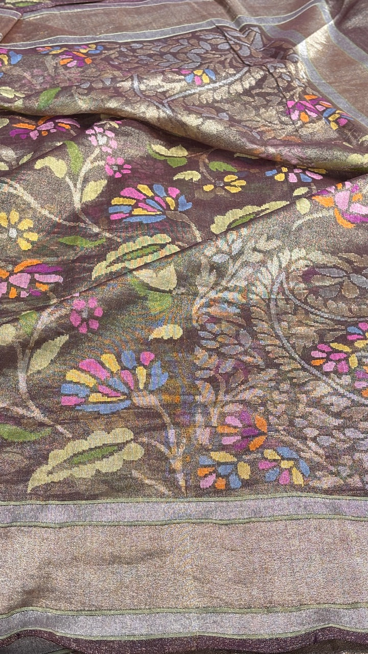 coffee Pure Banarasi Tissue Handwoven Saree with Real Zari