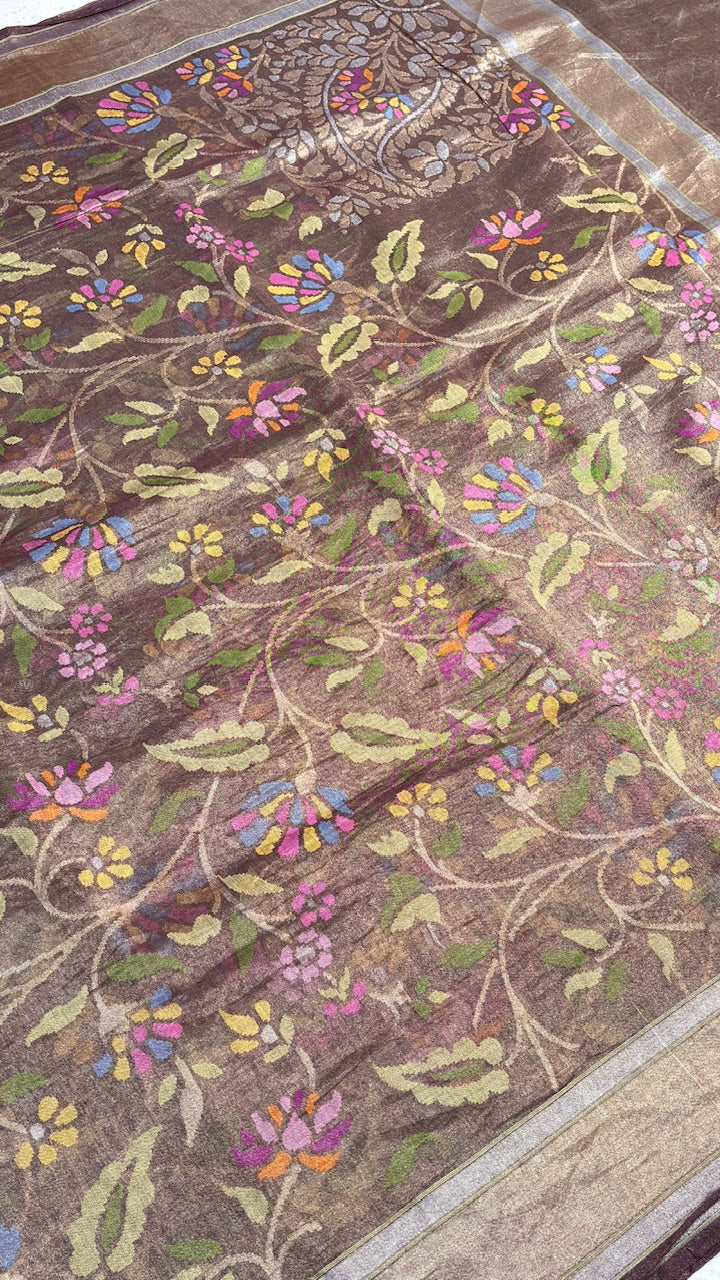 coffee Pure Banarasi Tissue Handwoven Saree with Real Zari