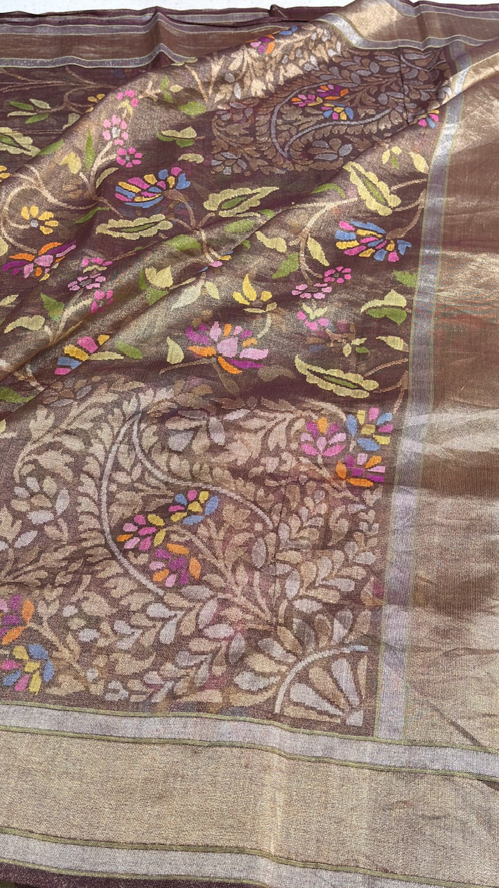coffee Pure Banarasi Tissue Handwoven Saree with Real Zari