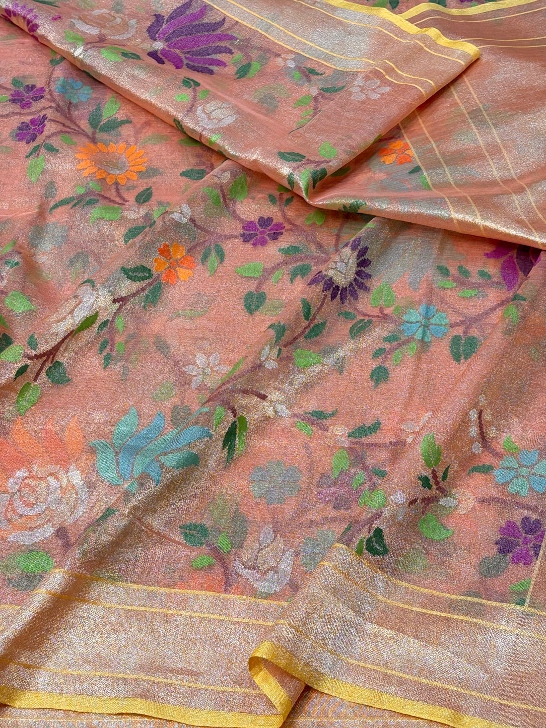 Peach Handwoven Real Zari Exclusive Pure Banarasi Tissue Jamdani Saree