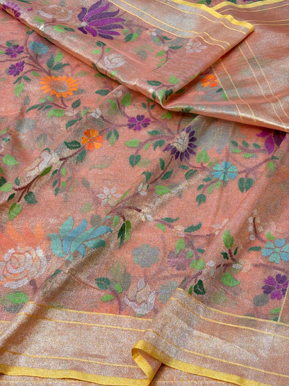 Peach Handwoven Real Zari Exclusive Pure Banarasi Tissue Jamdani Saree