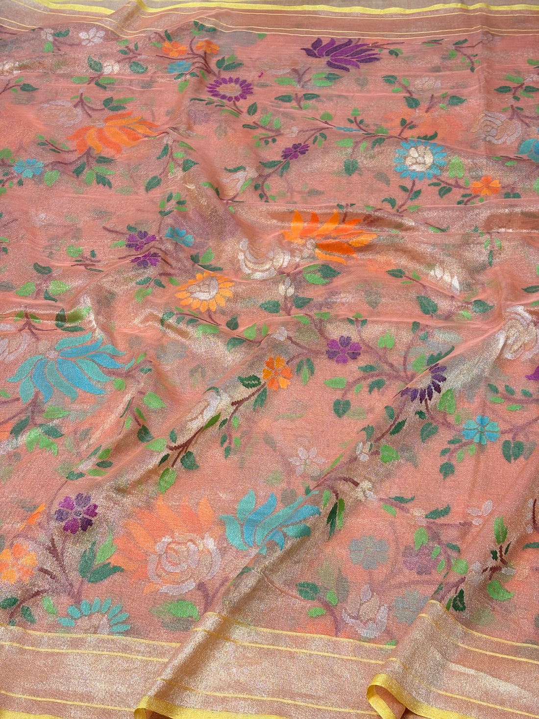 Peach Handwoven Real Zari Exclusive Pure Banarasi Tissue Jamdani Saree