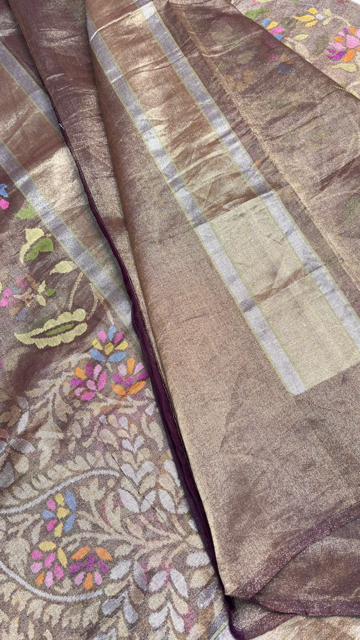 coffee Pure Banarasi Tissue Handwoven Saree with Real Zari