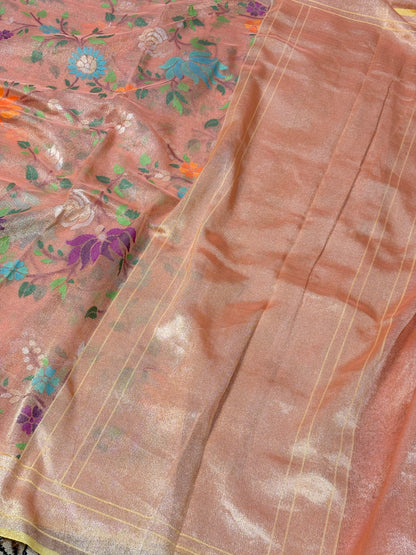 Peach Handwoven Real Zari Exclusive Pure Banarasi Tissue Jamdani Saree