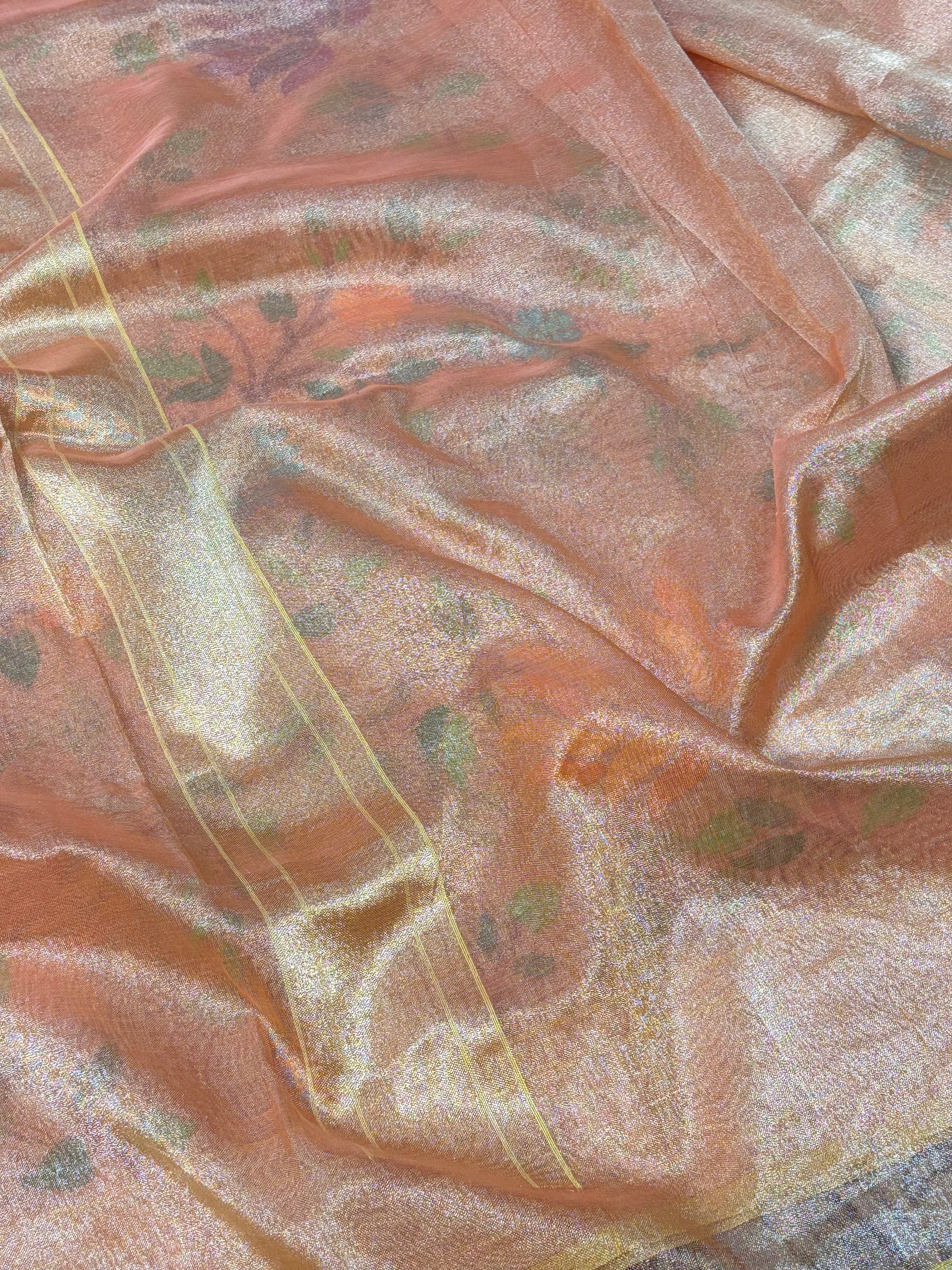Peach Handwoven Real Zari Exclusive Pure Banarasi Tissue Jamdani Saree