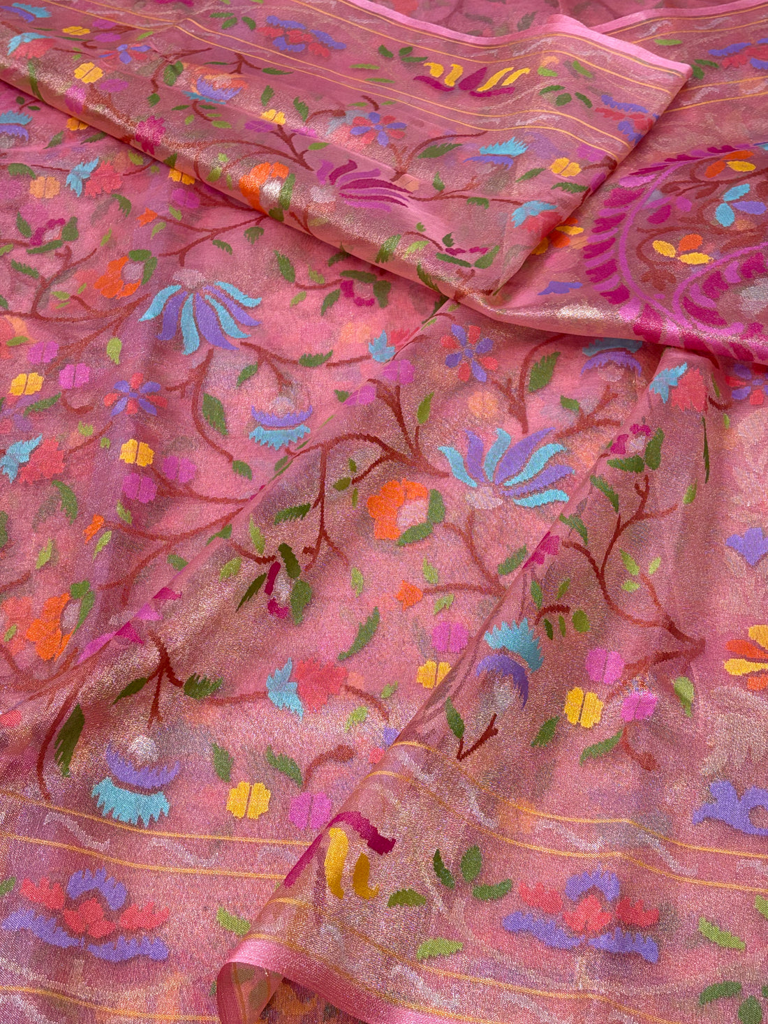 Baby Pink Handwoven Real Zari Exclusive Pure Banarasi Tissue Jamdani Saree