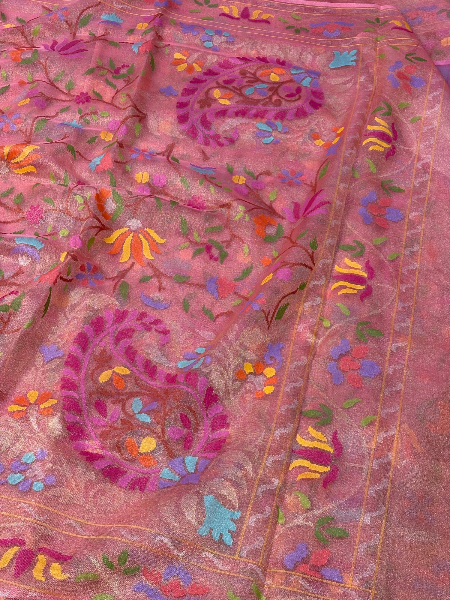 Baby Pink Handwoven Real Zari Exclusive Pure Banarasi Tissue Jamdani Saree